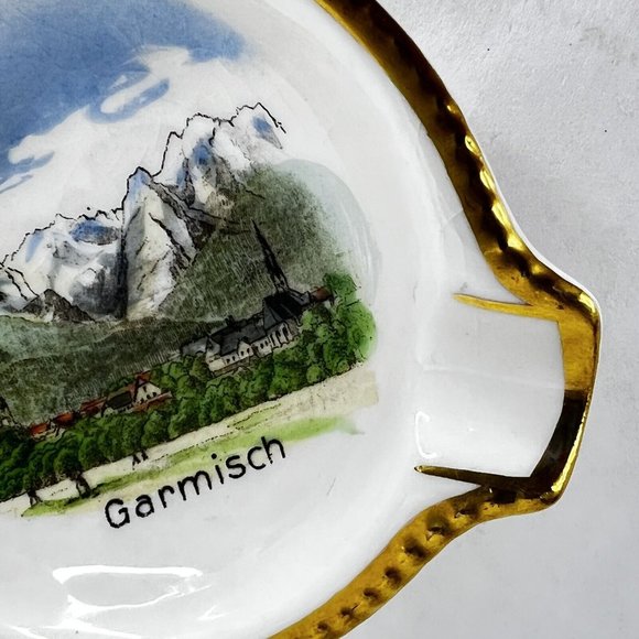 Garmisch Germany Ashtray Hand Painted Bavaria Ceramic Triangle Gold Trim Vintage - Picture 6 of 8